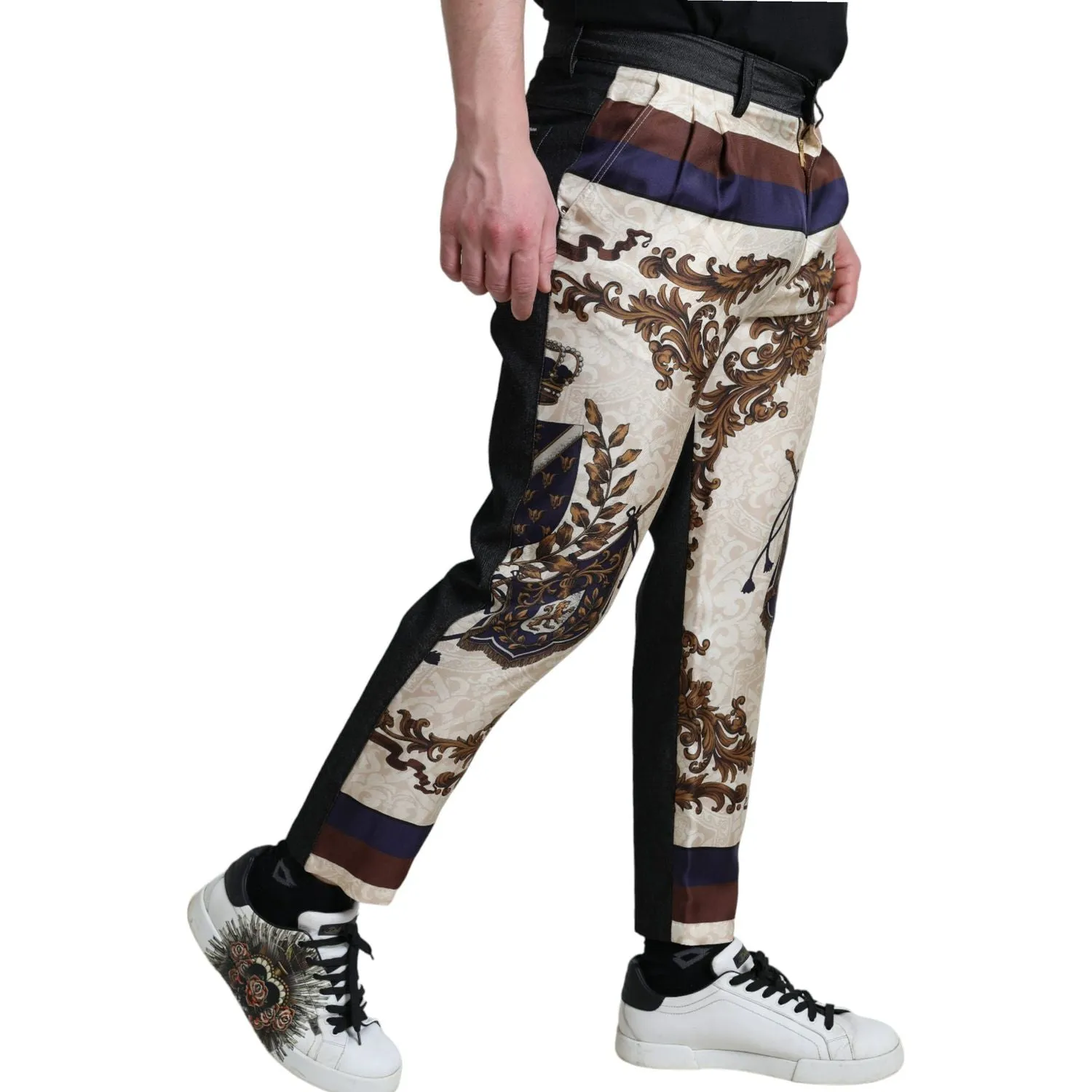 Dolce & Gabbana Elegant Silk Skinny Pants with Heraldic Print