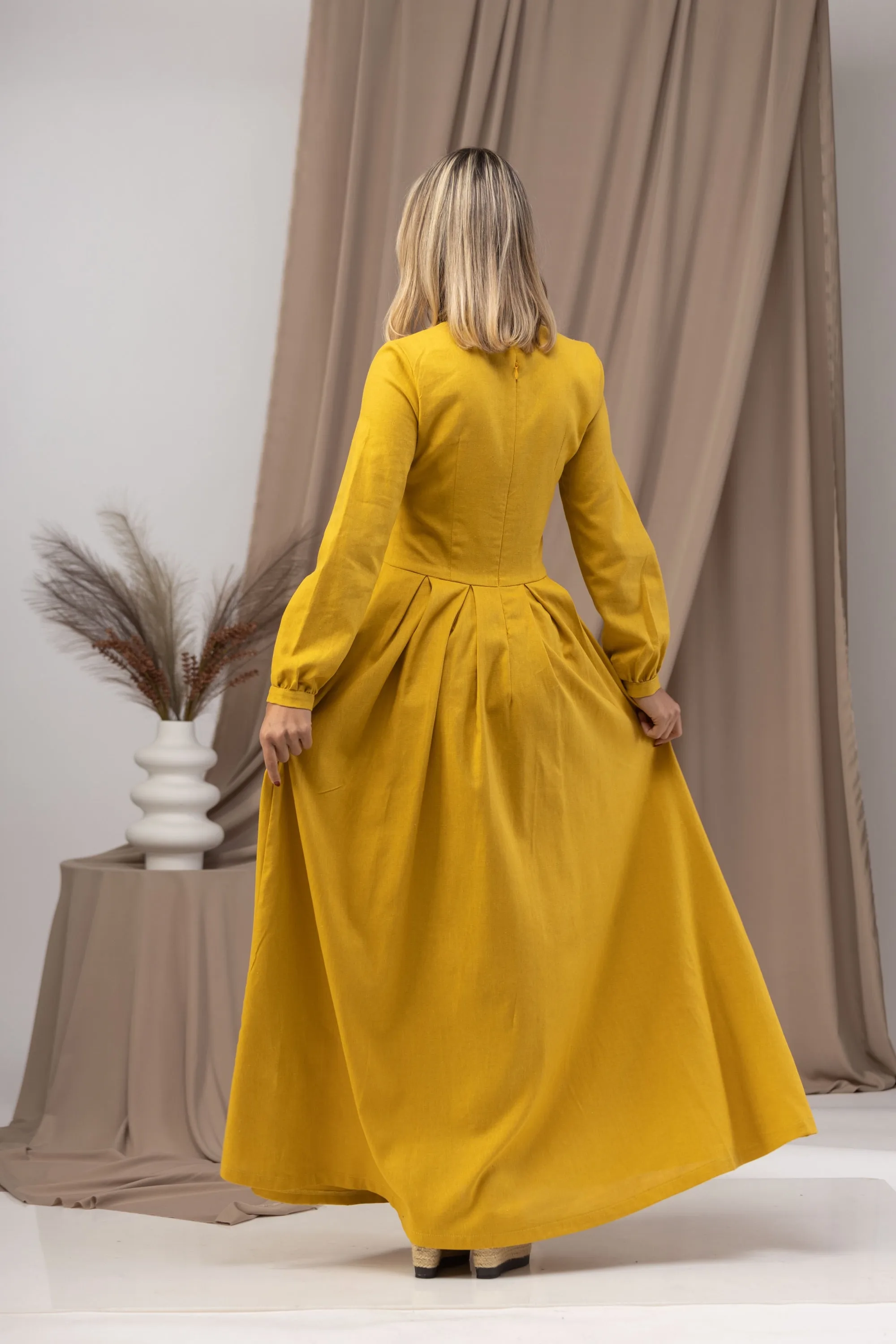 Dusty Blue Linen Prairie Maxi Dress