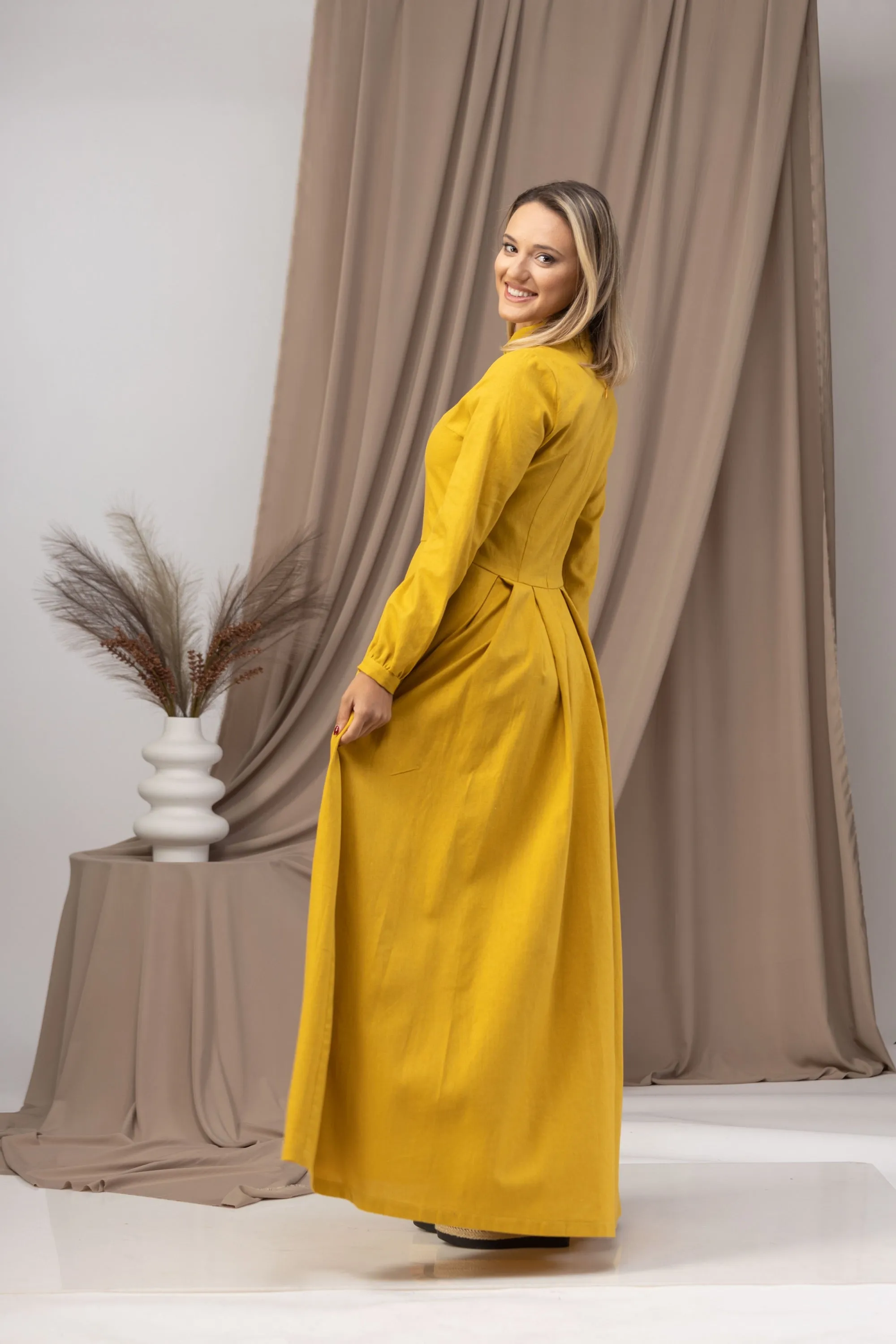 Dusty Blue Linen Prairie Maxi Dress