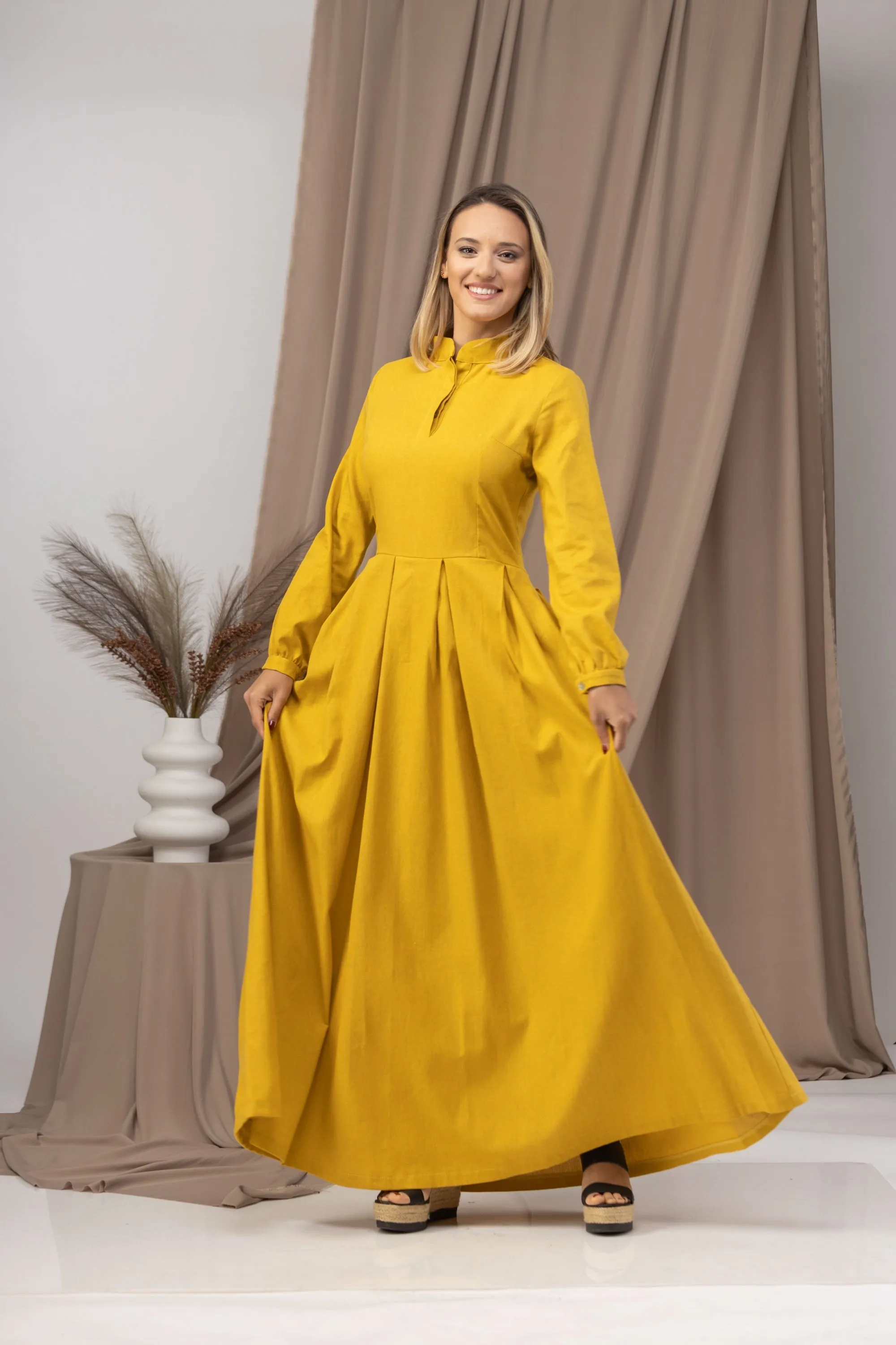Dusty Blue Linen Prairie Maxi Dress