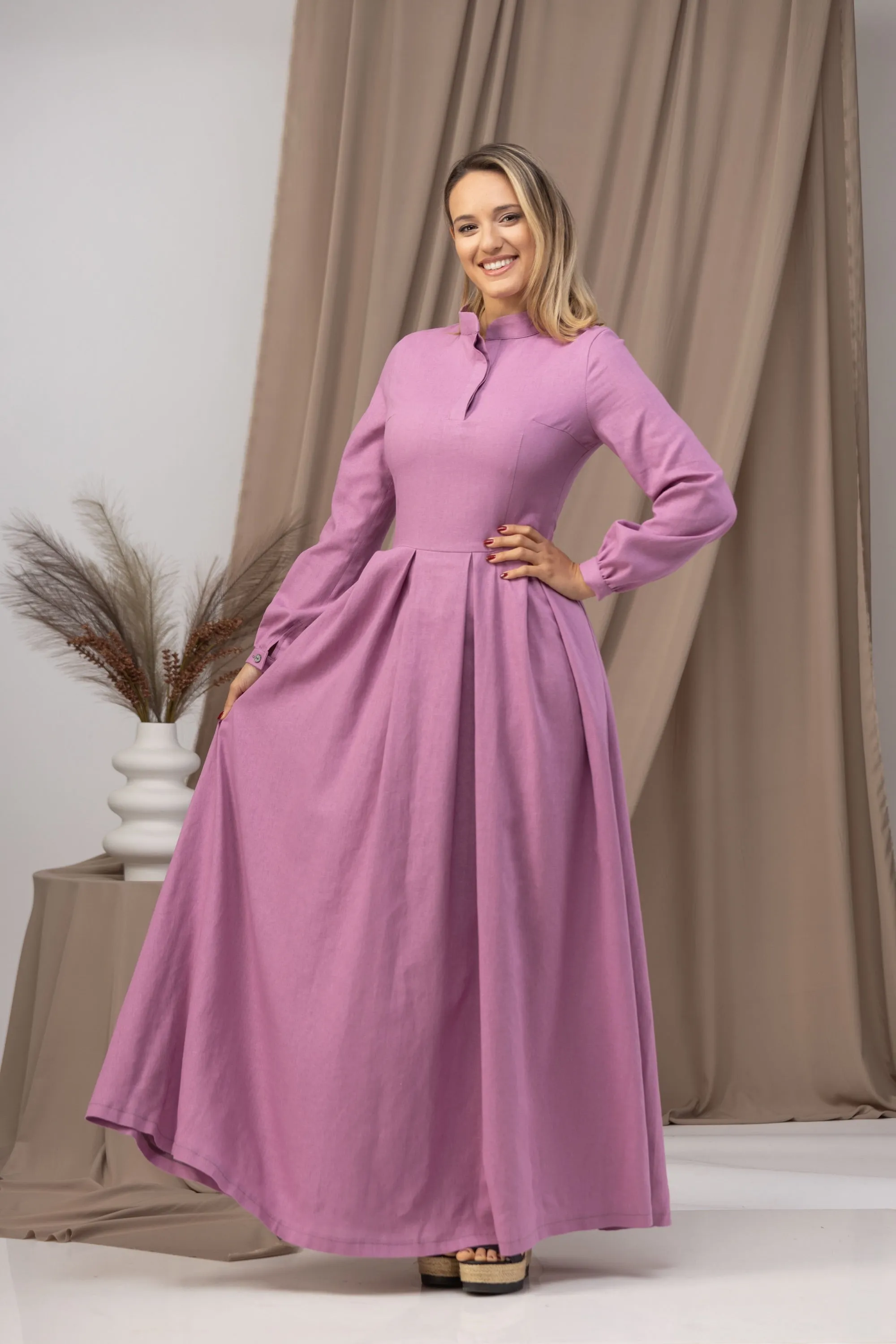 Dusty Blue Linen Prairie Maxi Dress