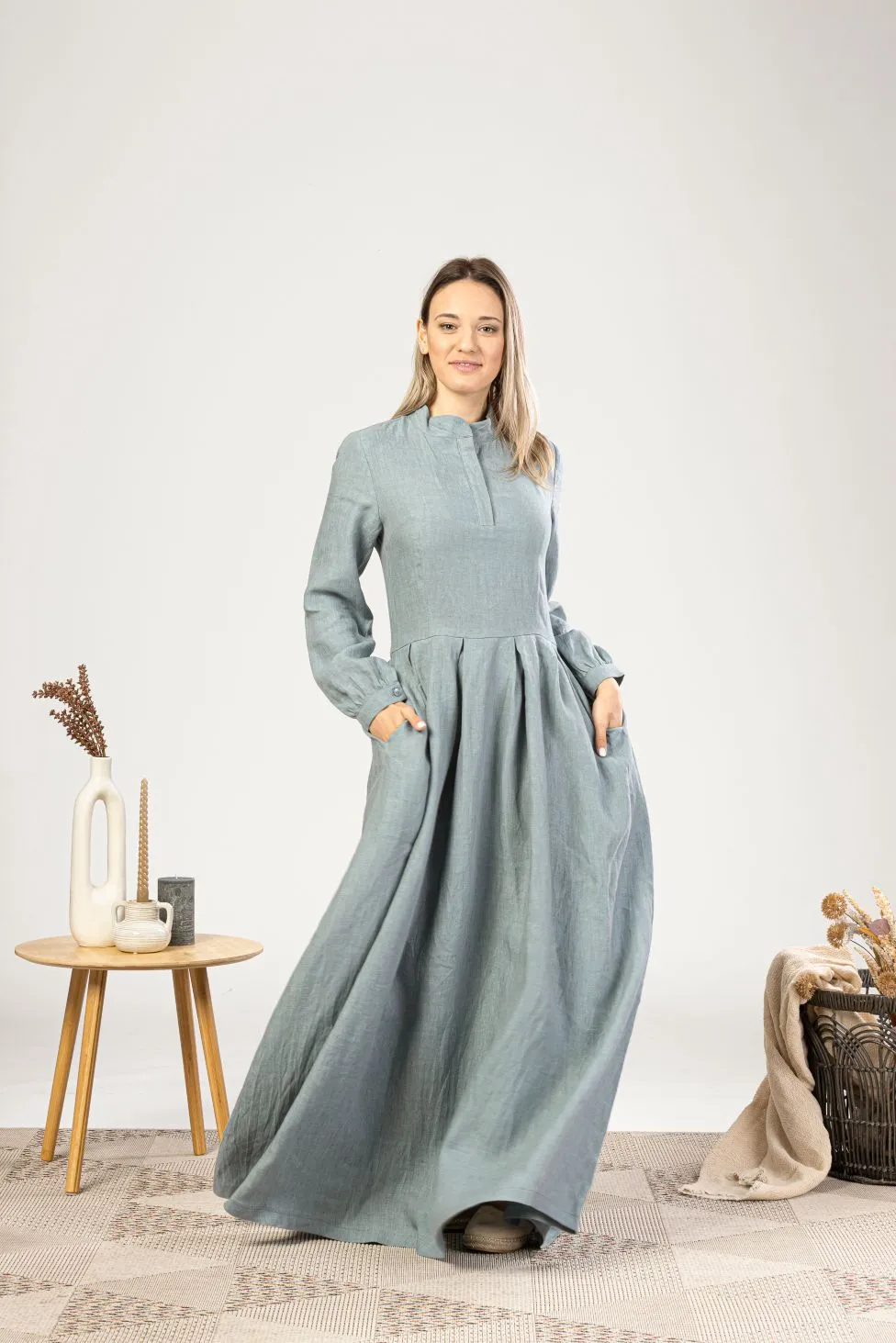 Dusty Blue Linen Prairie Maxi Dress