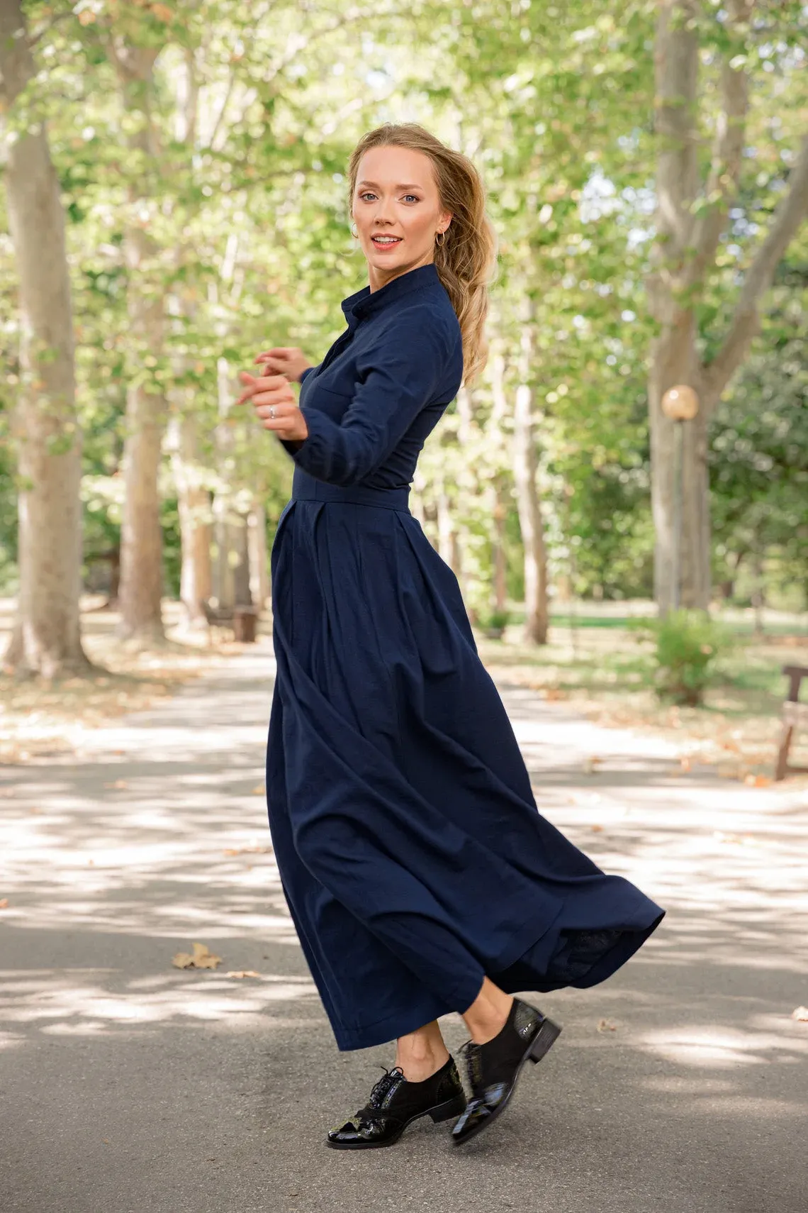 Dusty Blue Linen Prairie Maxi Dress