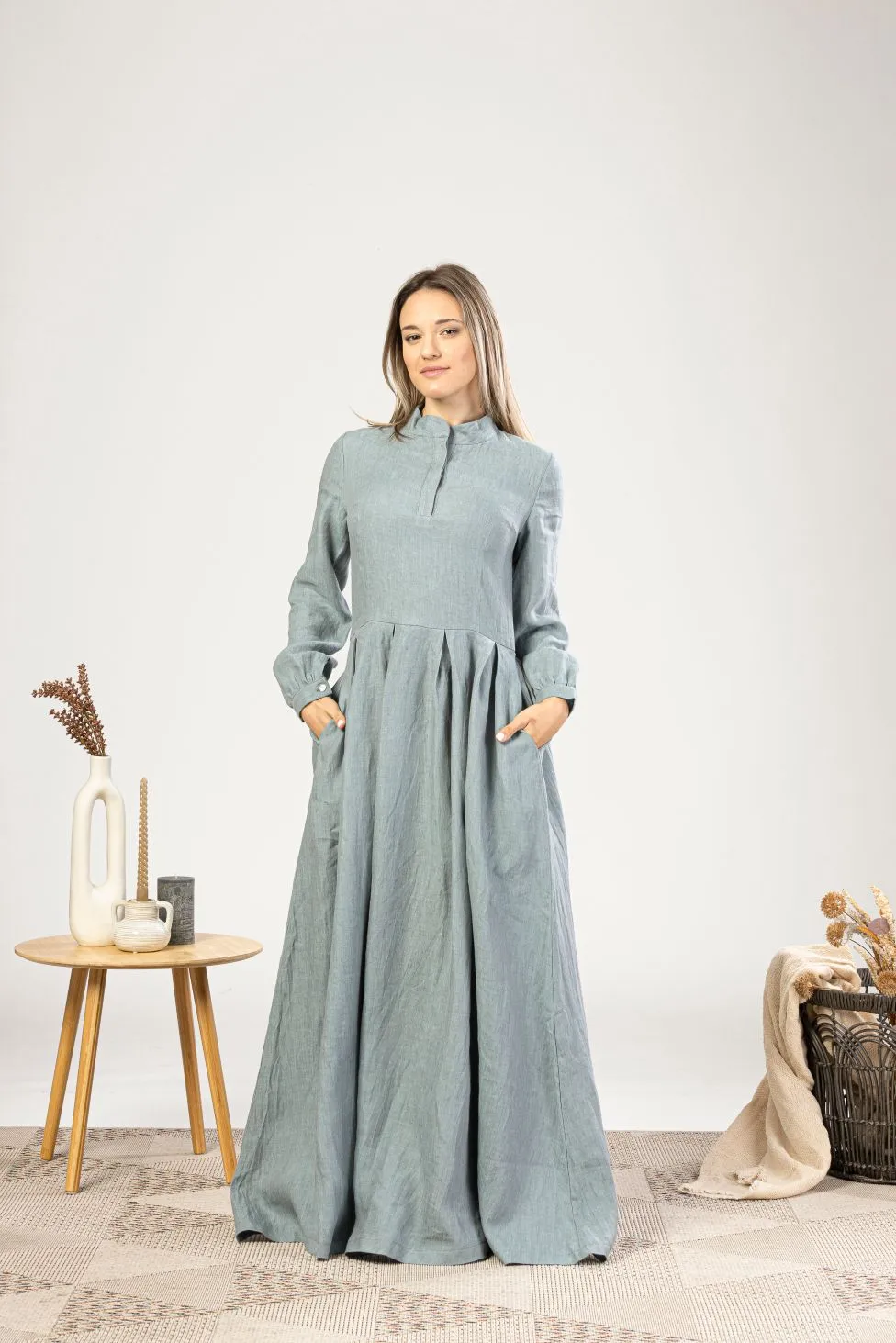 Dusty Blue Linen Prairie Maxi Dress