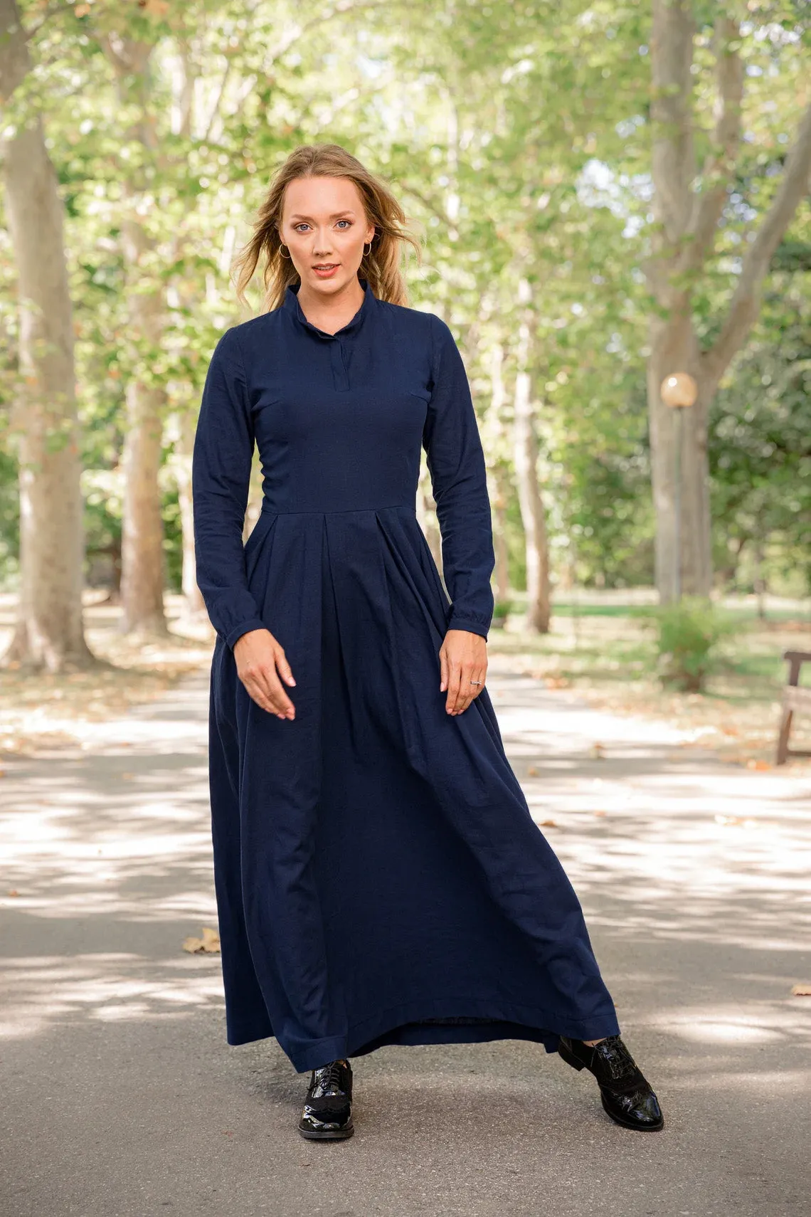 Dusty Blue Linen Prairie Maxi Dress