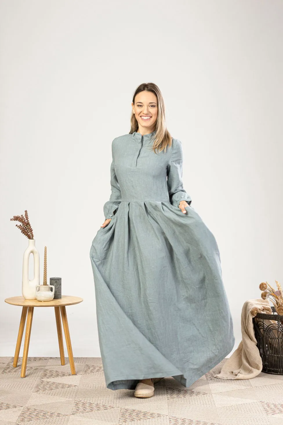 Dusty Blue Linen Prairie Maxi Dress