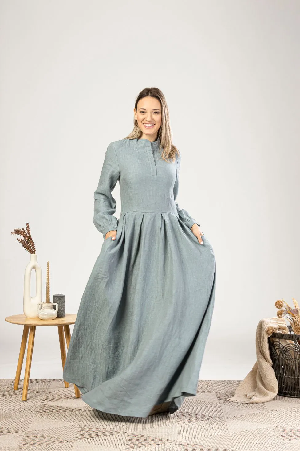 Dusty Blue Linen Prairie Maxi Dress