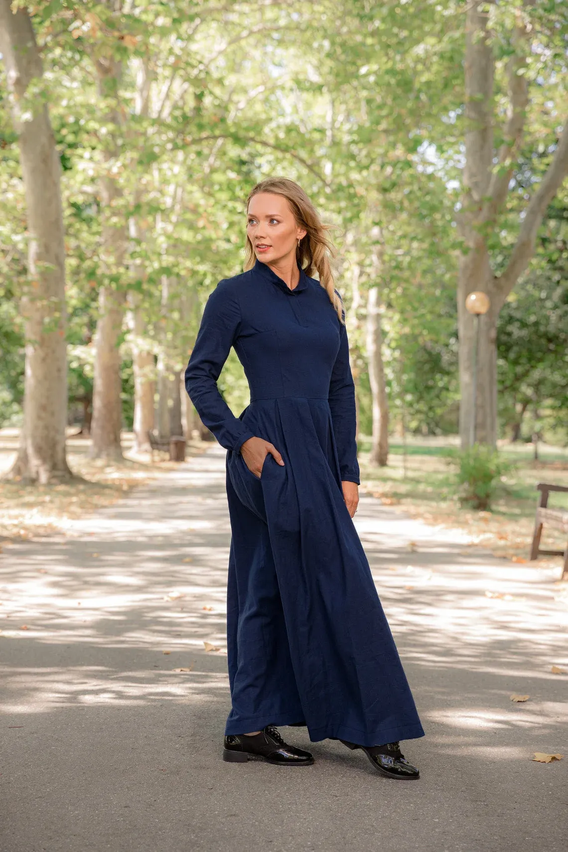 Dusty Blue Linen Prairie Maxi Dress