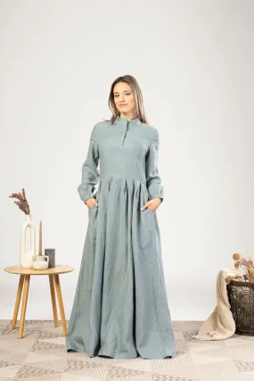 Dusty Blue Linen Prairie Maxi Dress