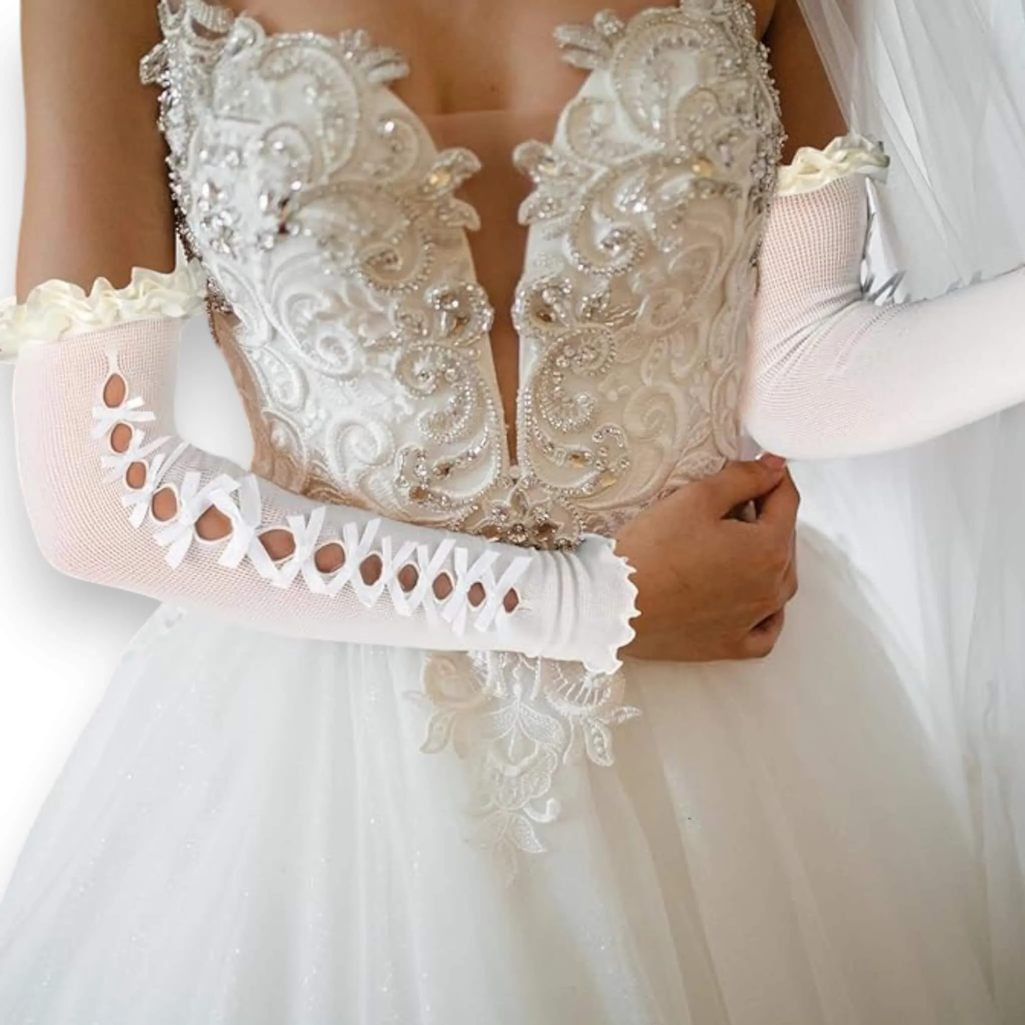 Elegant Cut Out Satin Bows Long Gloves