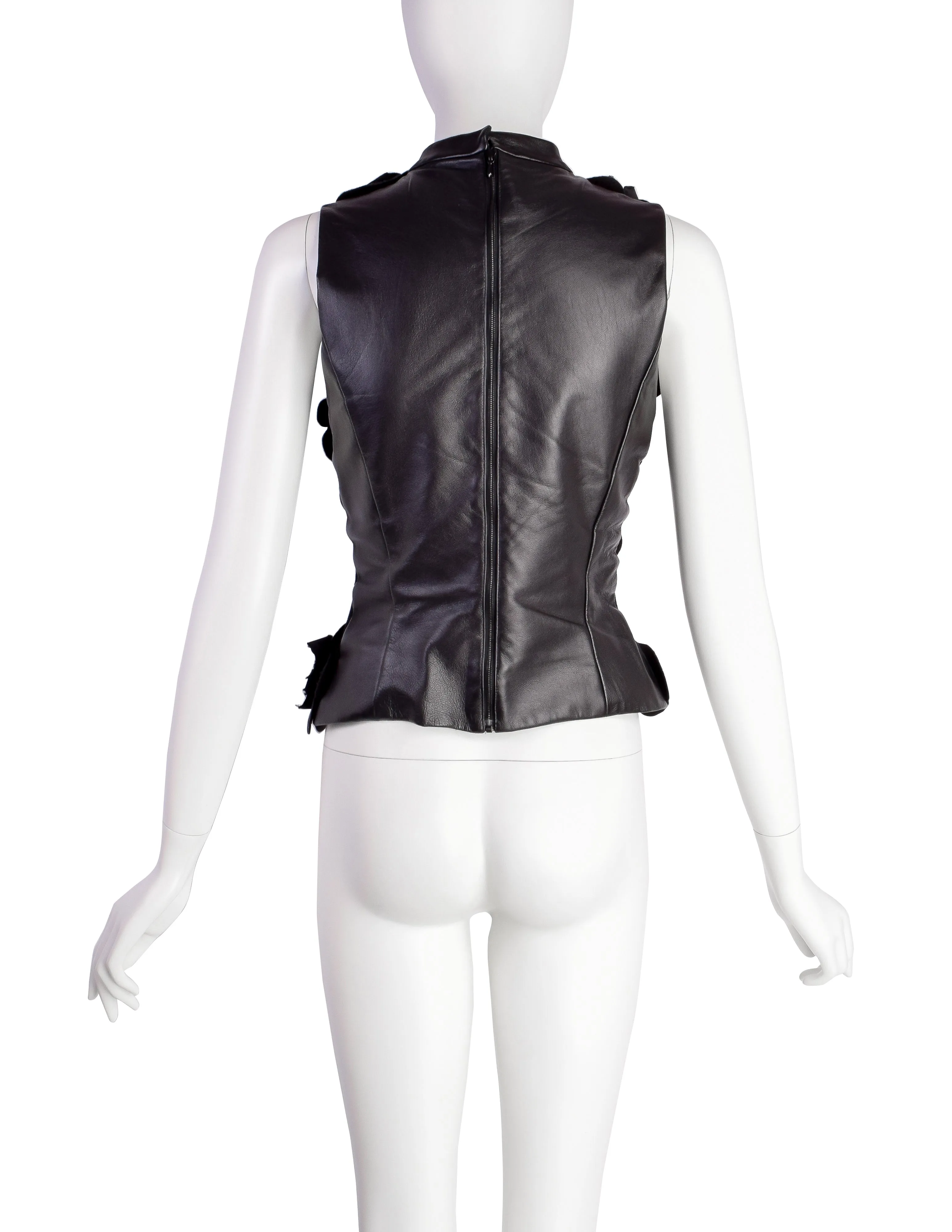 Gemma Kahng Vintage 1990s Black Flower Beaded Embellished Leather Fishnet Top