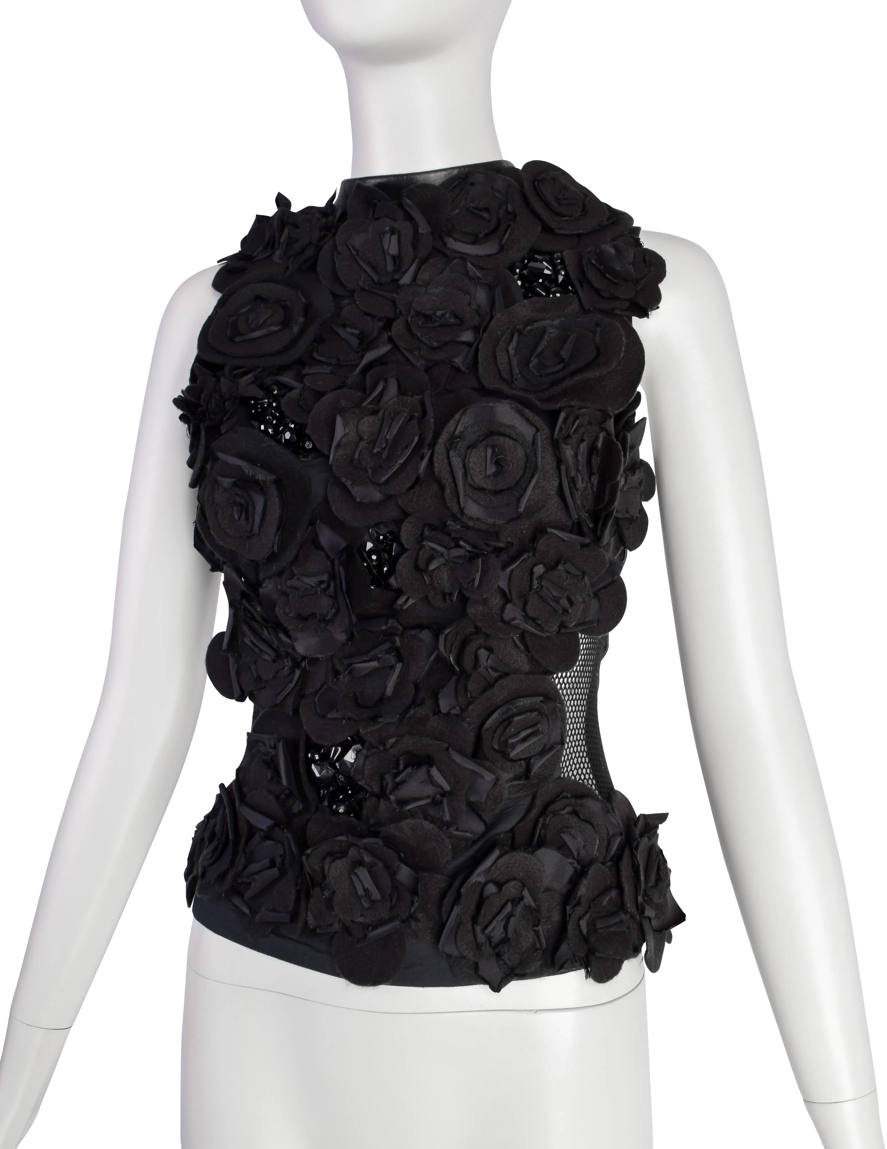 Gemma Kahng Vintage 1990s Black Flower Beaded Embellished Leather Fishnet Top