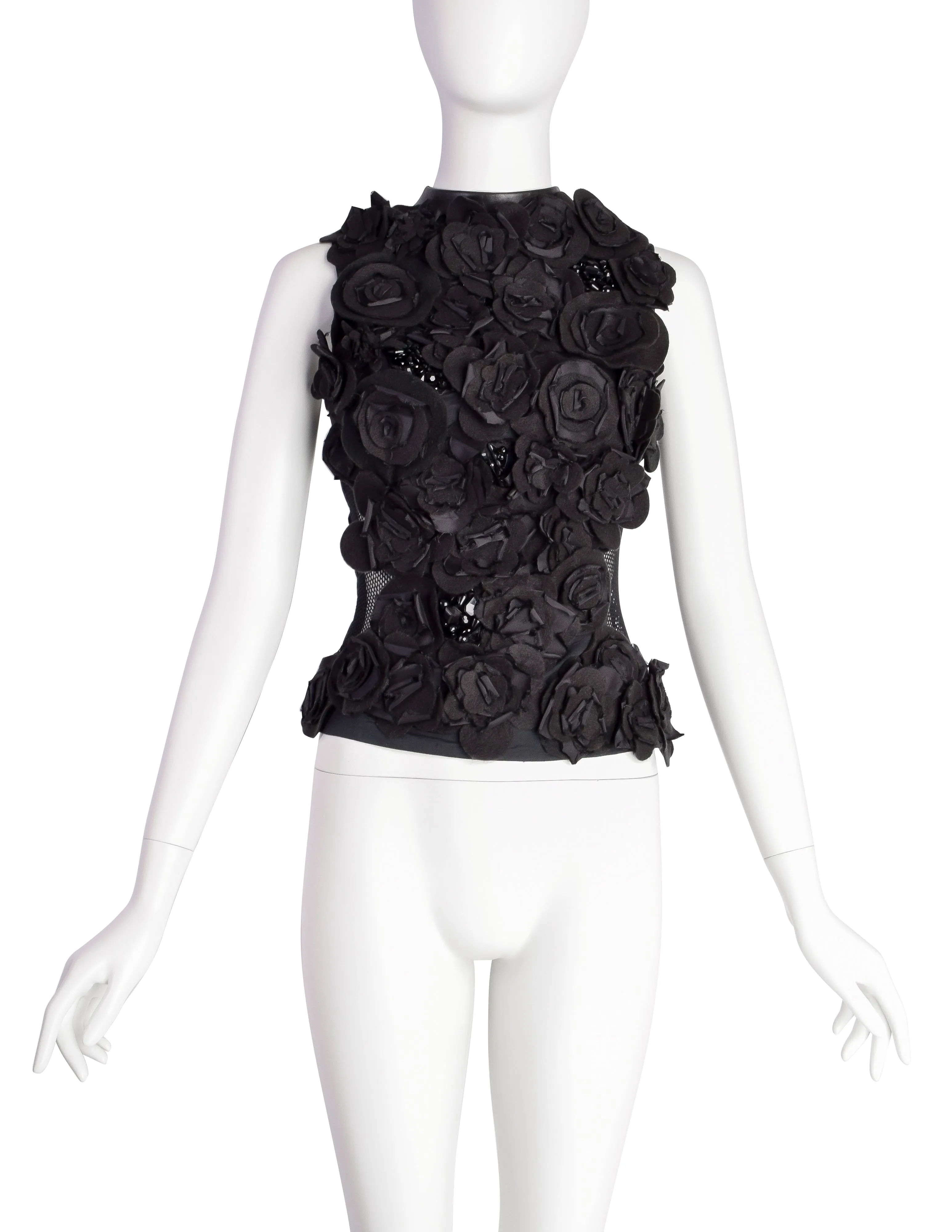 Gemma Kahng Vintage 1990s Black Flower Beaded Embellished Leather Fishnet Top
