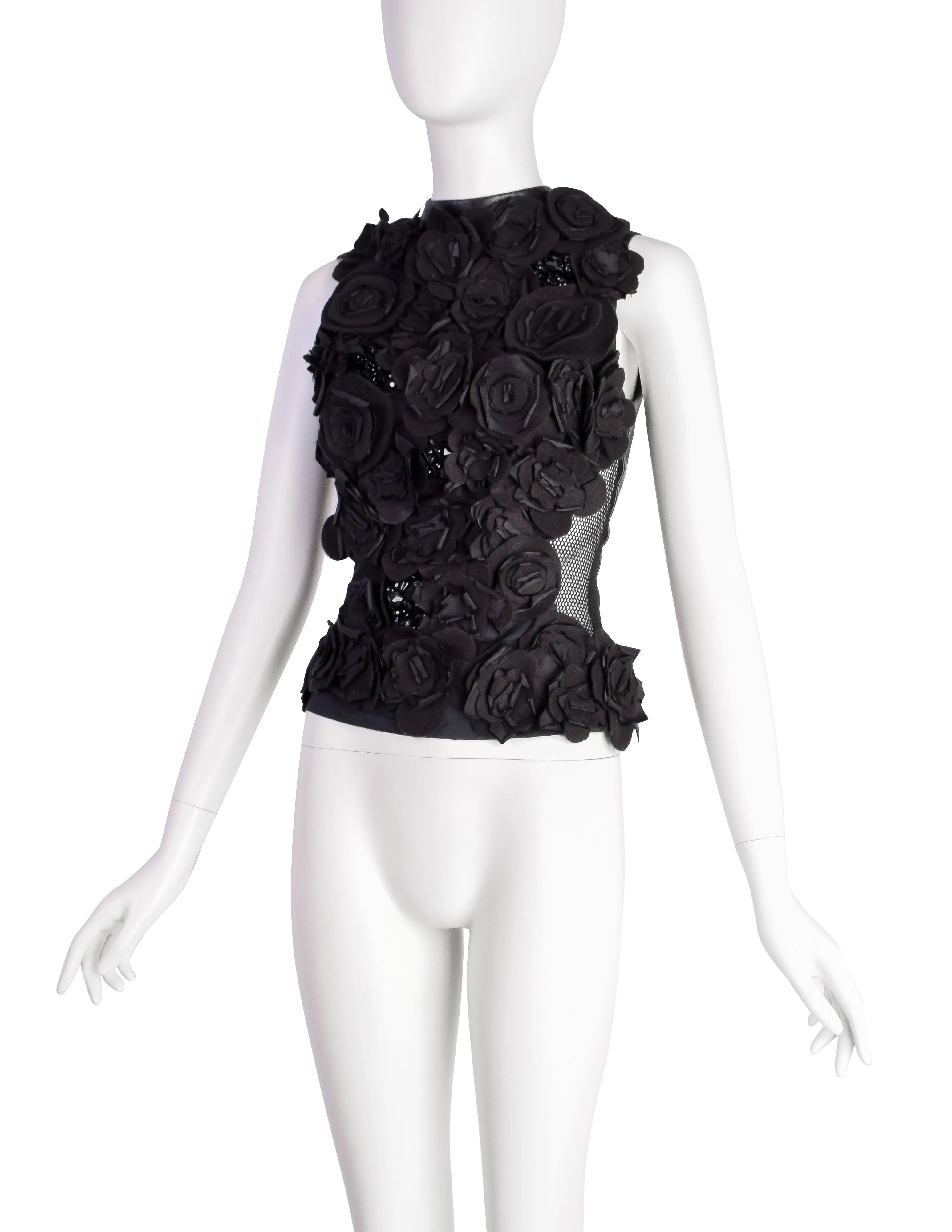Gemma Kahng Vintage 1990s Black Flower Beaded Embellished Leather Fishnet Top