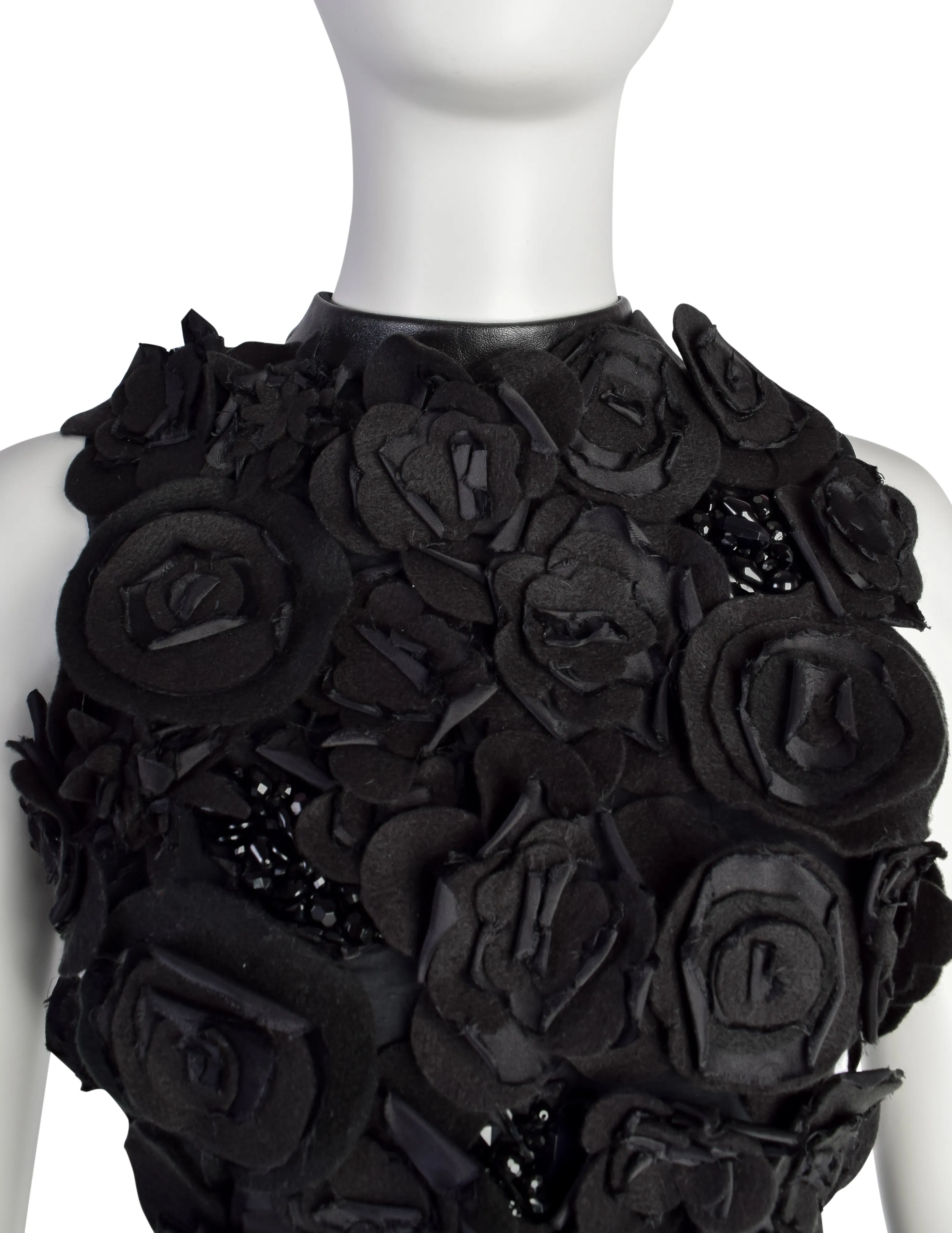 Gemma Kahng Vintage 1990s Black Flower Beaded Embellished Leather Fishnet Top