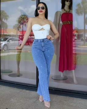 Girls On Power Rhinestone Flare Denim Blue Jeans