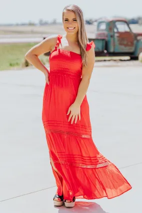 Go On Living Smocking Bodice Maxi Dress in Red