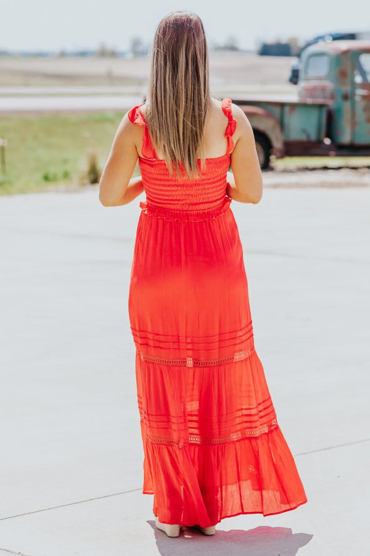 Go On Living Smocking Bodice Maxi Dress in Red