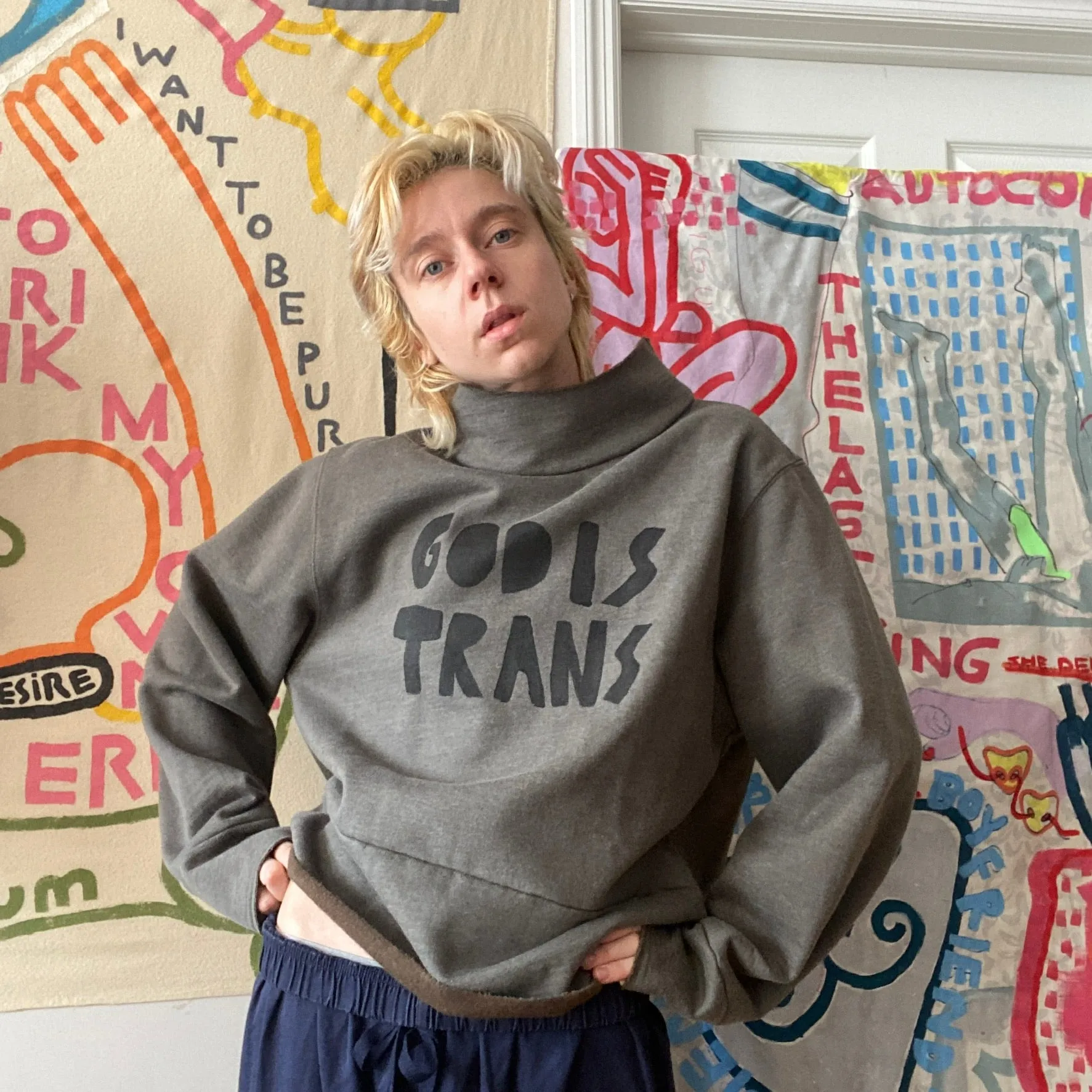 GOD IS TRANS cropped mockneck sweatshirt