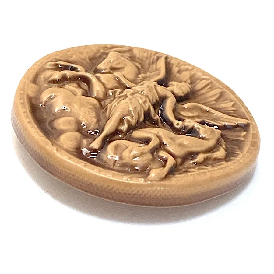 Goddess Aurora with Two Winged Horses Caramel Art Stone Button by Susan Clarke 1-5/8" #SC-2016