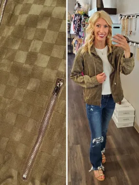 Gretta Checkered Velvet Bomber Jacket - Olive - PLUS