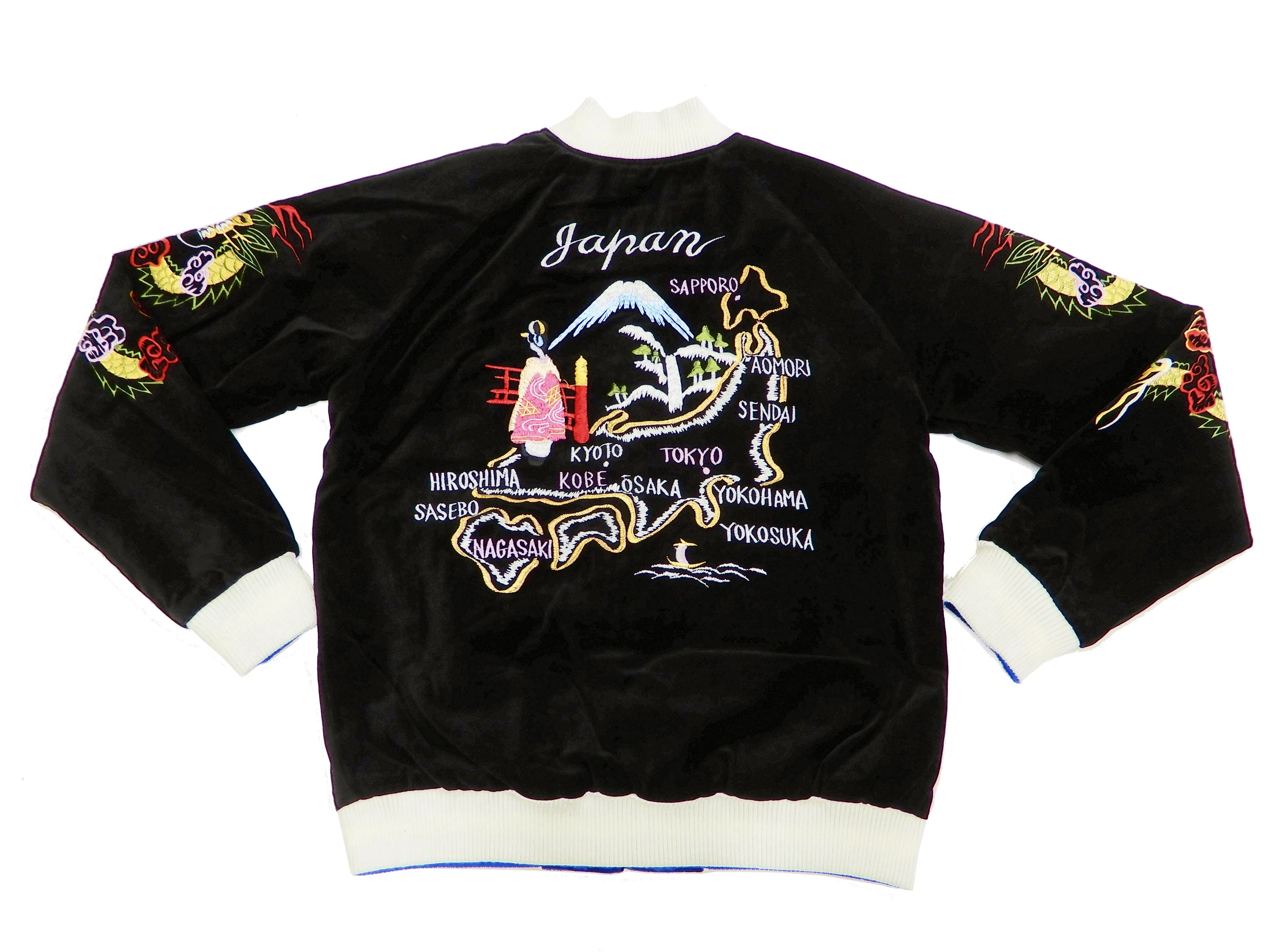 Hanatabi Gakudan Men's Velvet Japanese Souvenir Jacket Japan Map Sukajan Script SVJ-001