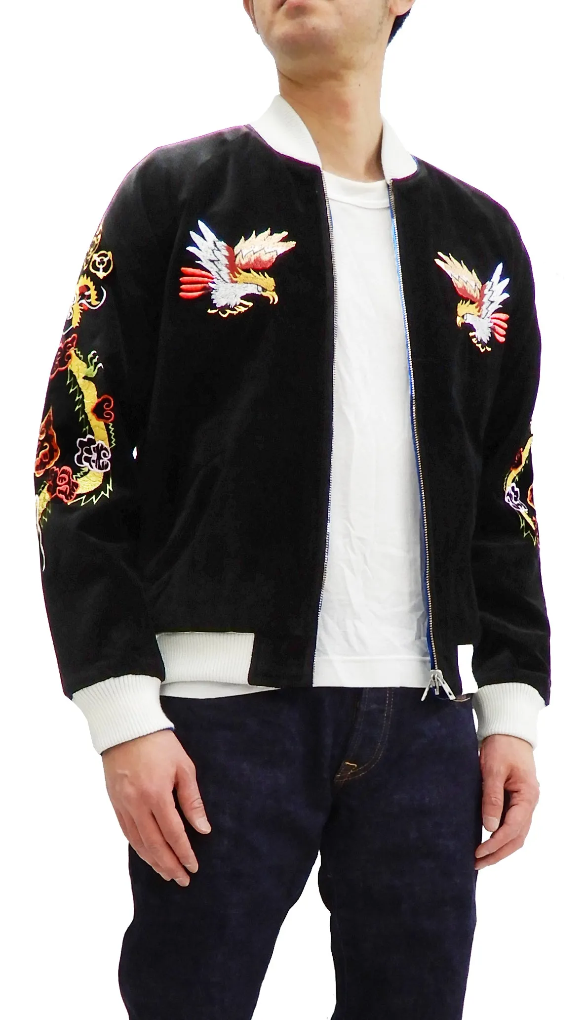 Hanatabi Gakudan Men's Velvet Japanese Souvenir Jacket Japan Map Sukajan Script SVJ-001