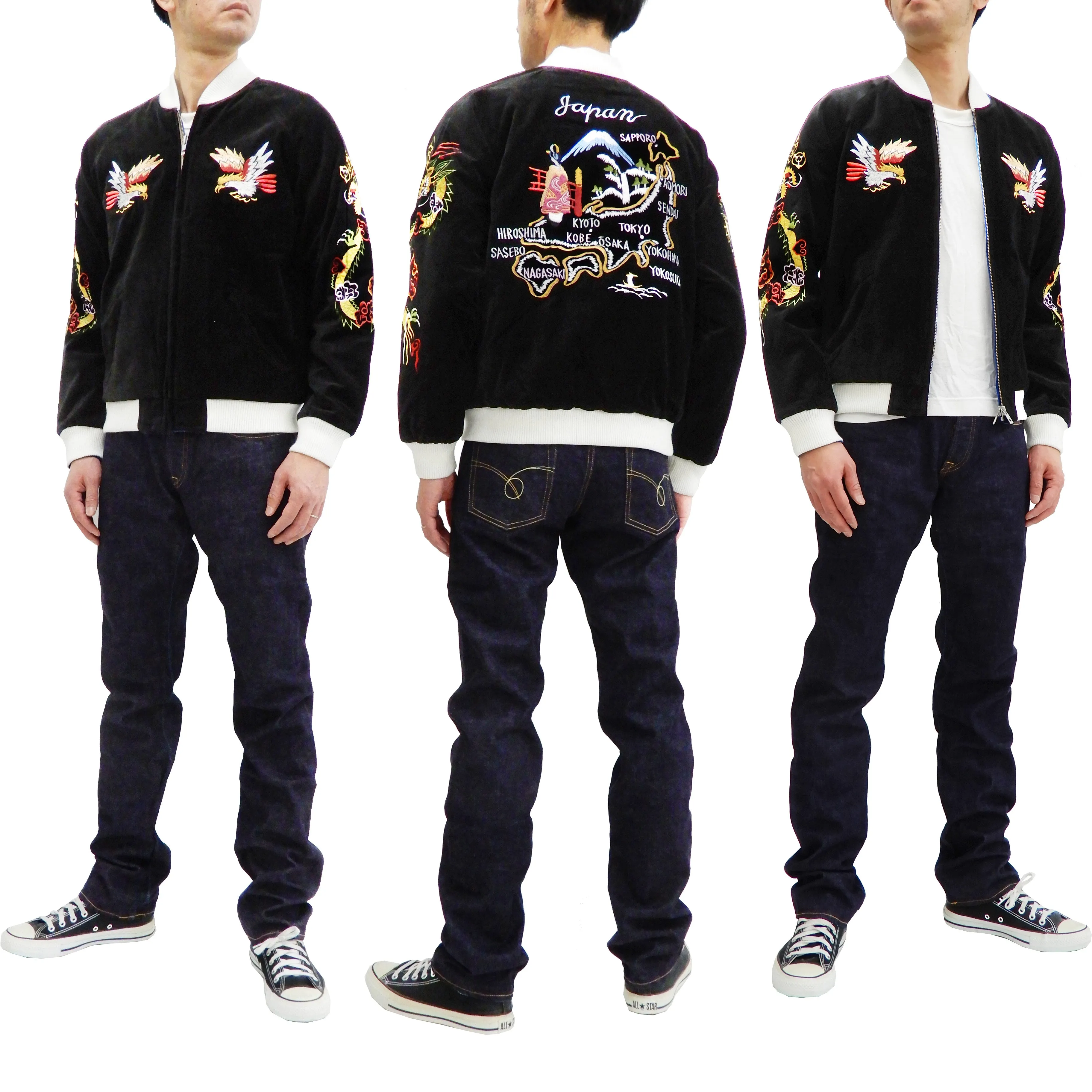 Hanatabi Gakudan Men's Velvet Japanese Souvenir Jacket Japan Map Sukajan Script SVJ-001