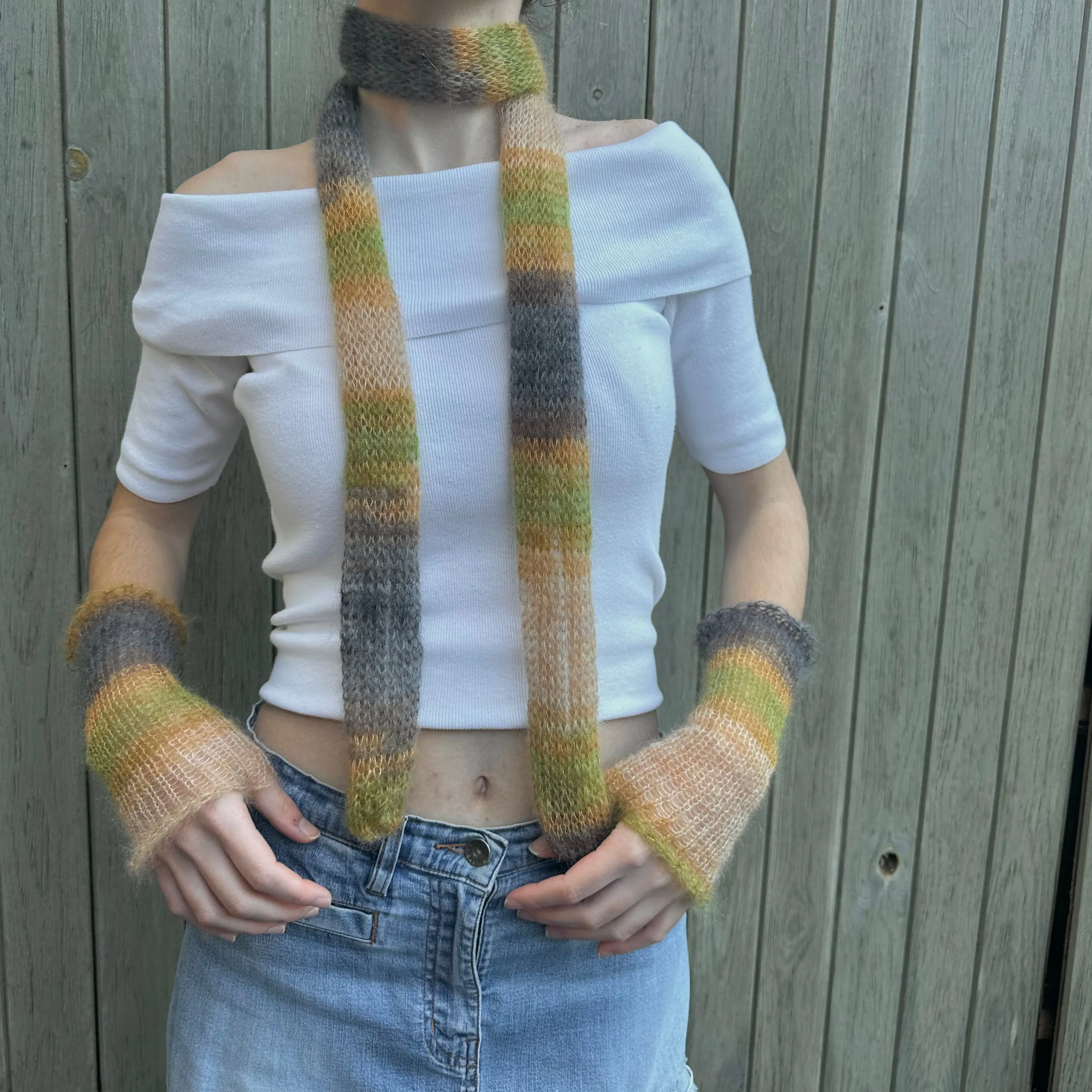 Handmade knitted mohair skinny scarf in ombré earth tones