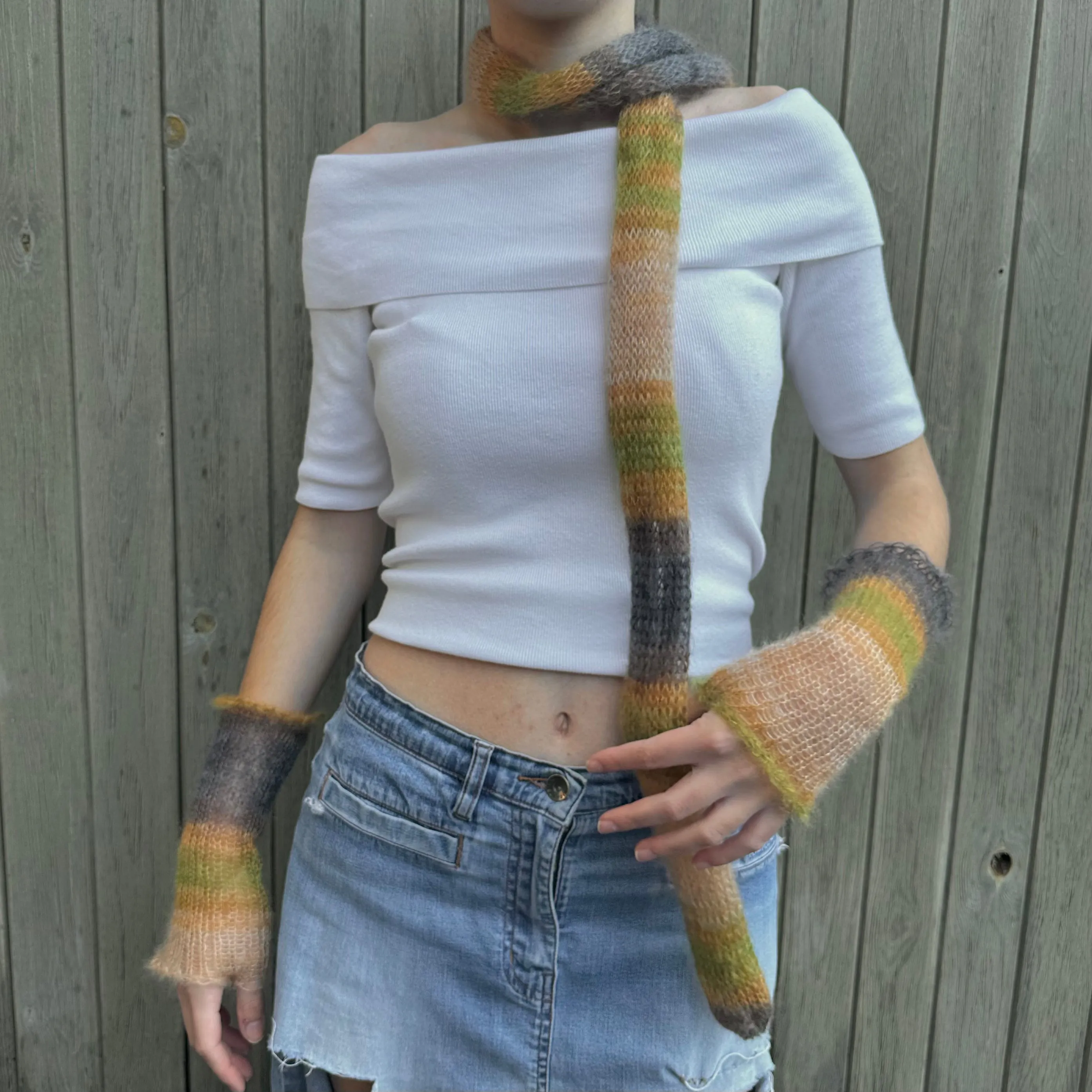 Handmade knitted mohair skinny scarf in ombré earth tones