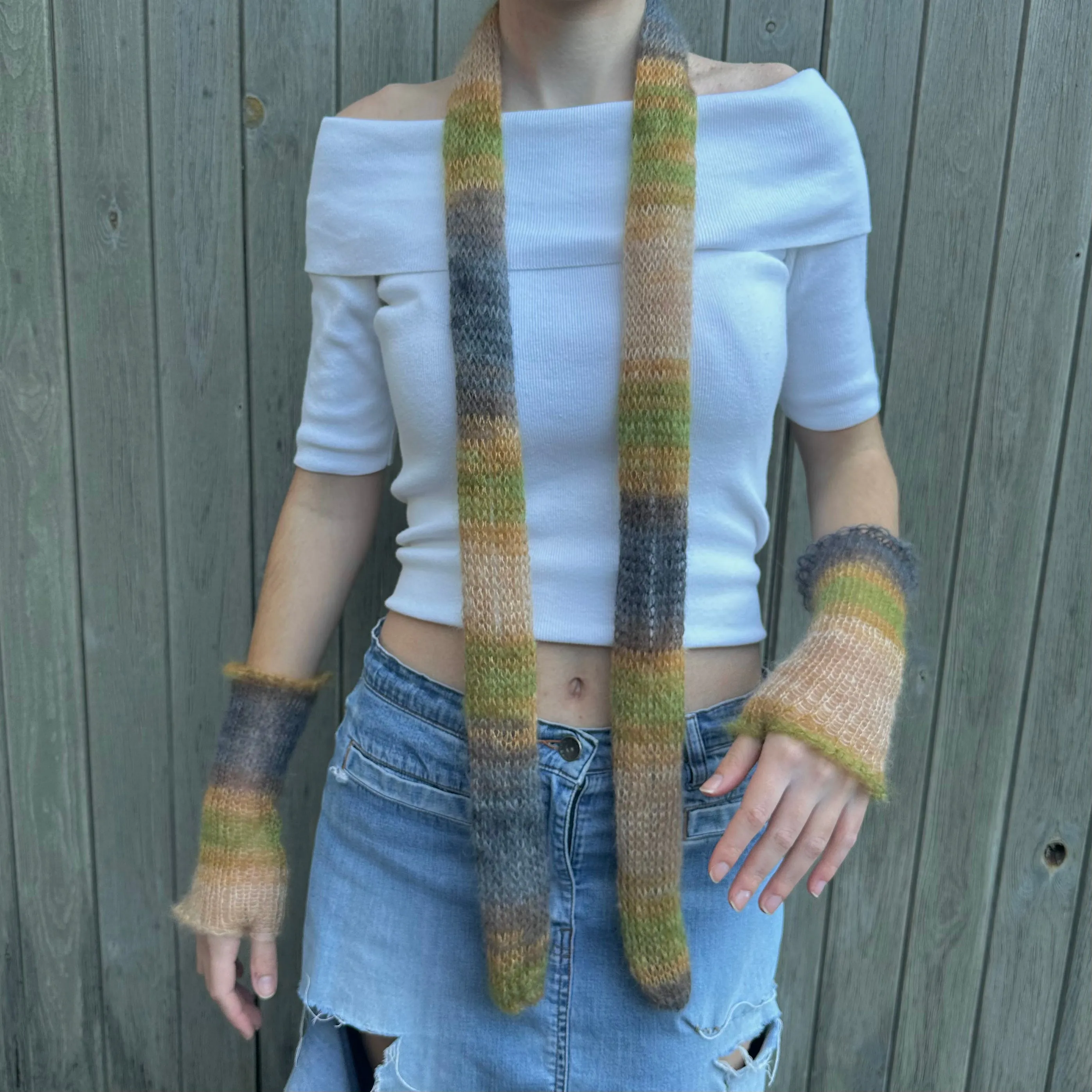 Handmade knitted mohair skinny scarf in ombré earth tones