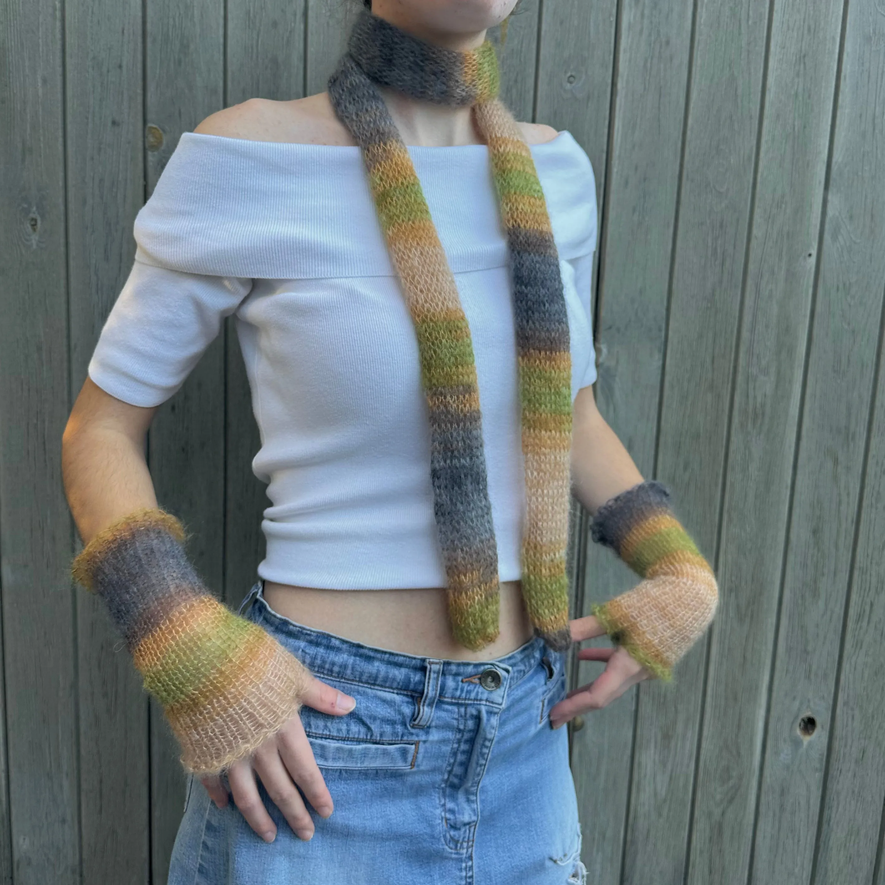 Handmade knitted mohair skinny scarf in ombré earth tones