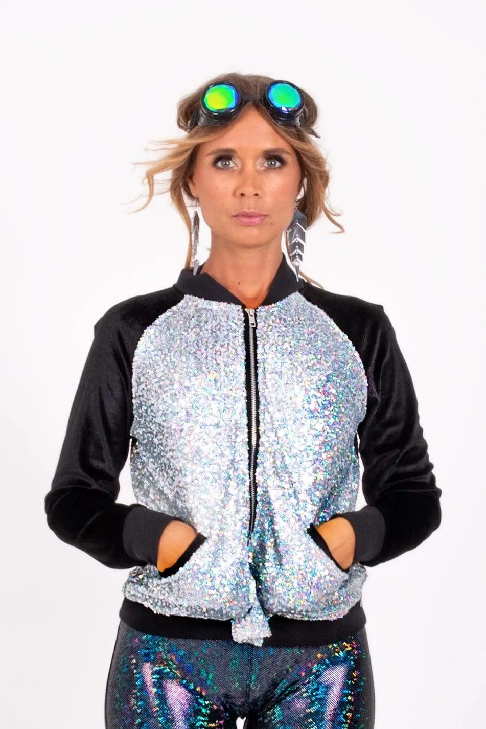 Holo Silver Sequin Bomber Jacket