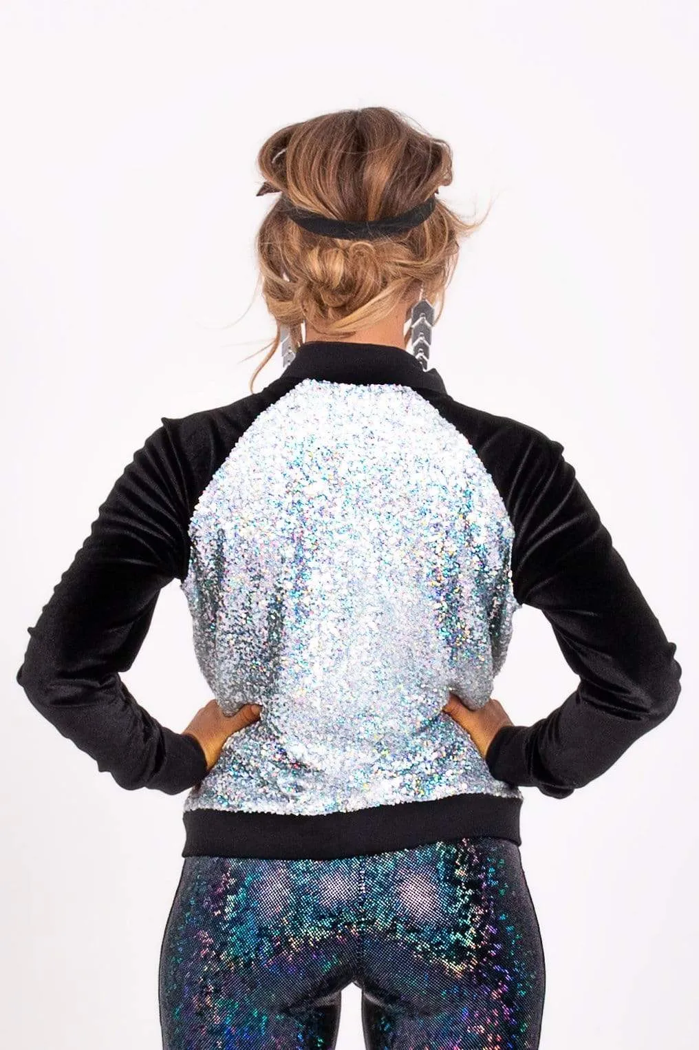Holo Silver Sequin Bomber Jacket