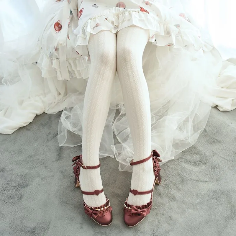J Fashion Ribbed Embossed Hearts Sweet Lolita Tights Pantyhose