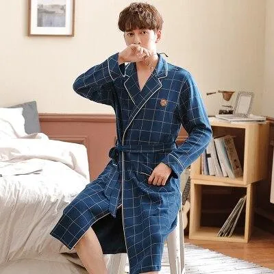Japanese Kimono Long Sleeves 100% Cotton Brand Bathrobe High Quality Luxury Men Robe Lapel Belted Nightgown Robe Bath Robes Men