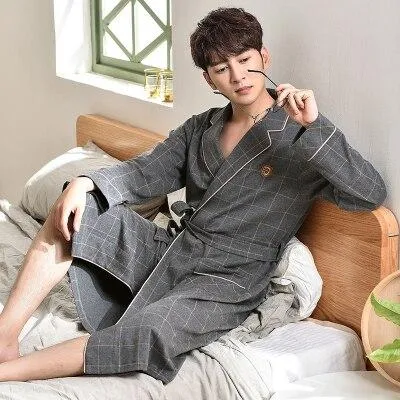 Japanese Kimono Long Sleeves 100% Cotton Brand Bathrobe High Quality Luxury Men Robe Lapel Belted Nightgown Robe Bath Robes Men