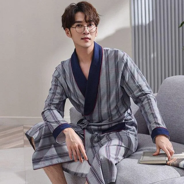Japanese Kimono Long Sleeves 100% Cotton Brand Bathrobe High Quality Luxury Men Robe Lapel Belted Nightgown Robe Bath Robes Men