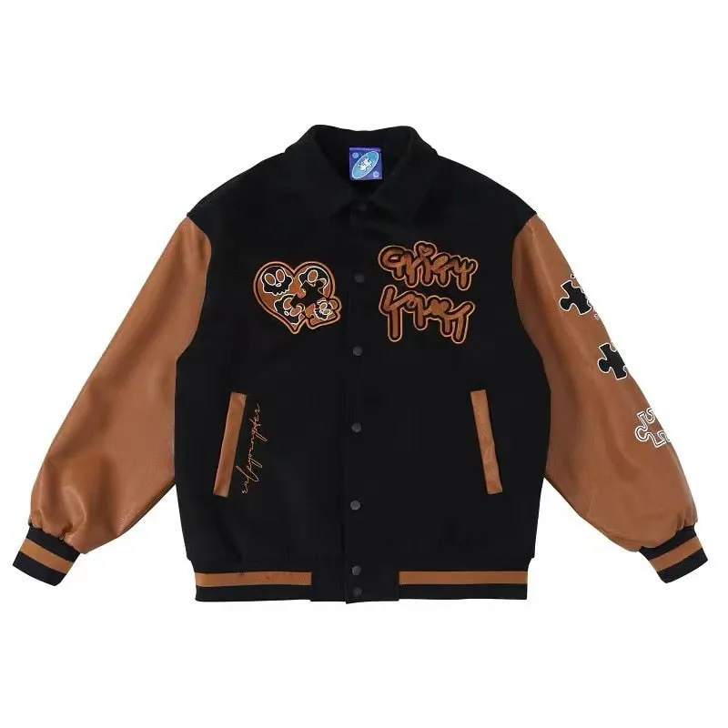 Joskaa Retro Leather Stitching Baseball Uniform Jacket Female Autumn Winter Couple Embroidered Long Sleeve Hip Hop Bomber Jacket