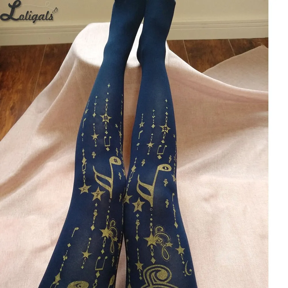 Jumping Note ~ Sweet Melody Printed Lolita Pantyhose Gold Stamped Patterned Tights