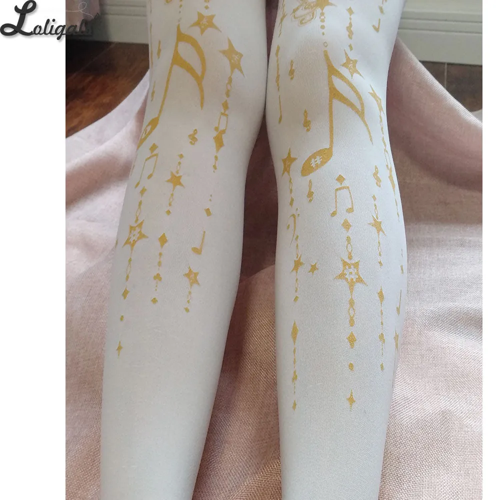 Jumping Note ~ Sweet Melody Printed Lolita Pantyhose Gold Stamped Patterned Tights