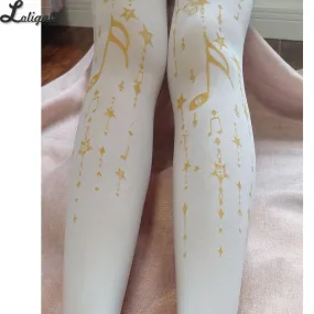 Jumping Note ~ Sweet Melody Printed Lolita Pantyhose Gold Stamped Patterned Tights