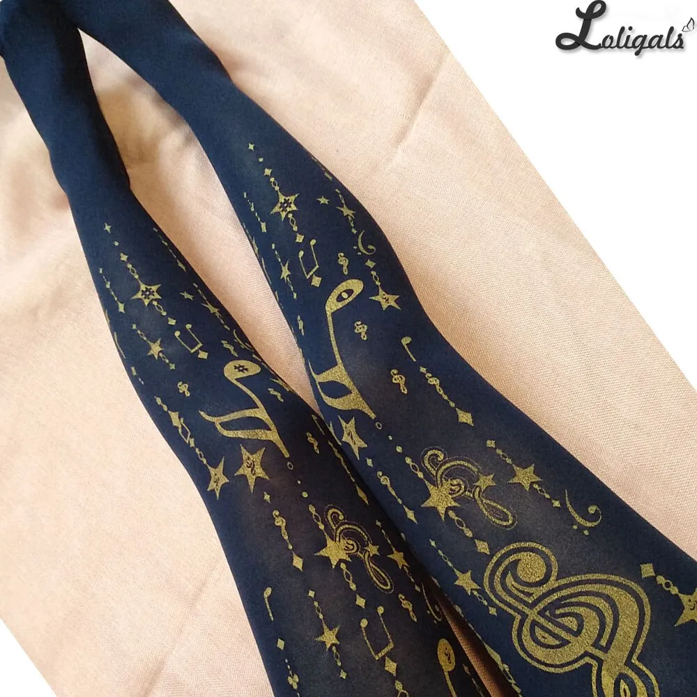 Jumping Note ~ Sweet Melody Printed Lolita Pantyhose Gold Stamped Patterned Tights