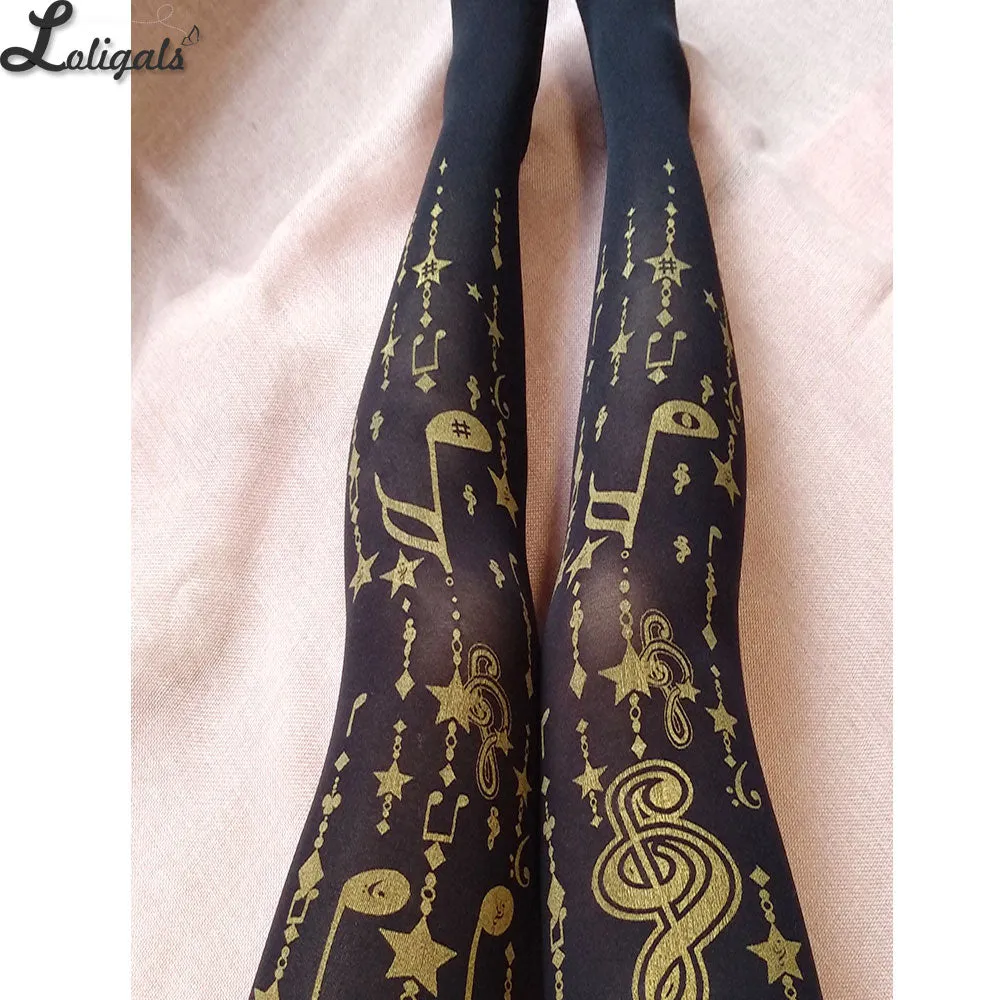 Jumping Note ~ Sweet Melody Printed Lolita Pantyhose Gold Stamped Patterned Tights