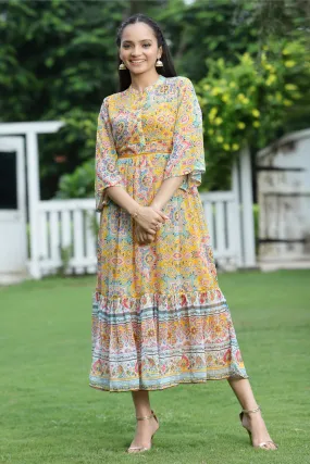 Juniper Mustard Geometric Printed Chiffon Tiered Maxi Dress With Buttons.