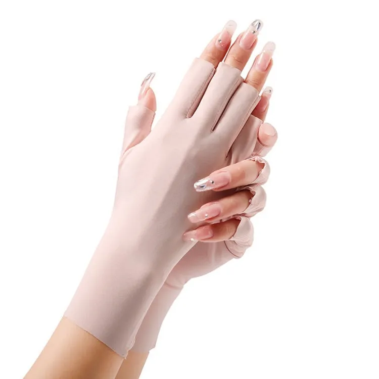 Ladies Sunscreen Gloves Half Finger Ice Silk Gloves,Style: Linked Finger(Black)
