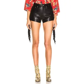 Lambskin Leather Mini Cropped Biker Shorts with Side Fringe for Women