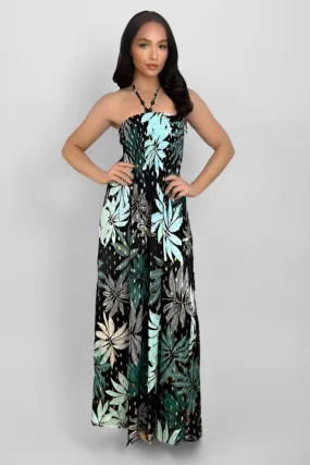 Leaves And Dots Print Shirred Bust Maxi Dress