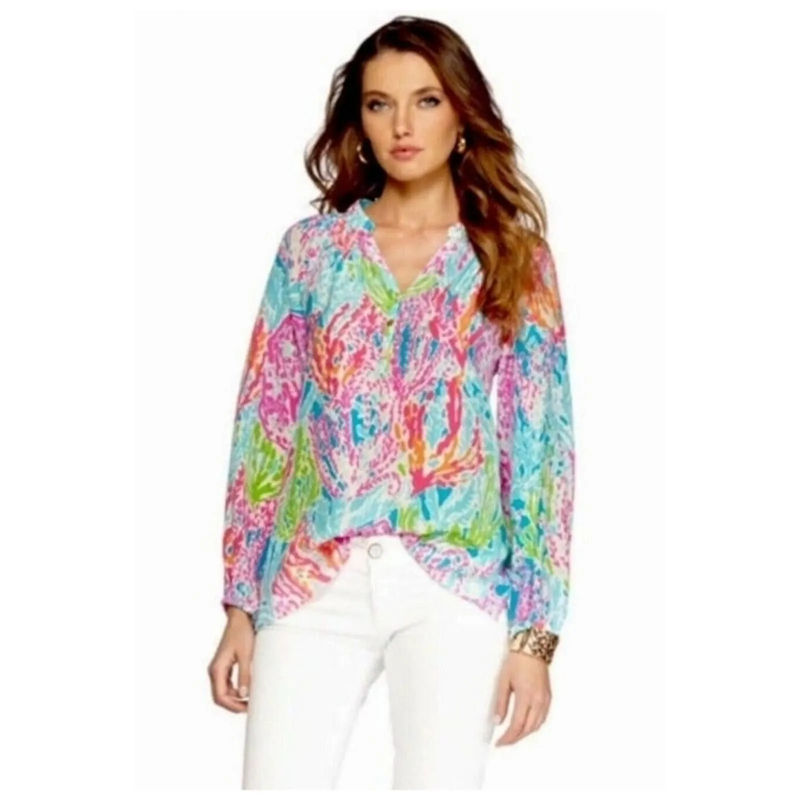 Lilly Pulitzer Elsa Agua Let's Cha Cha Holy Grail Silk Top