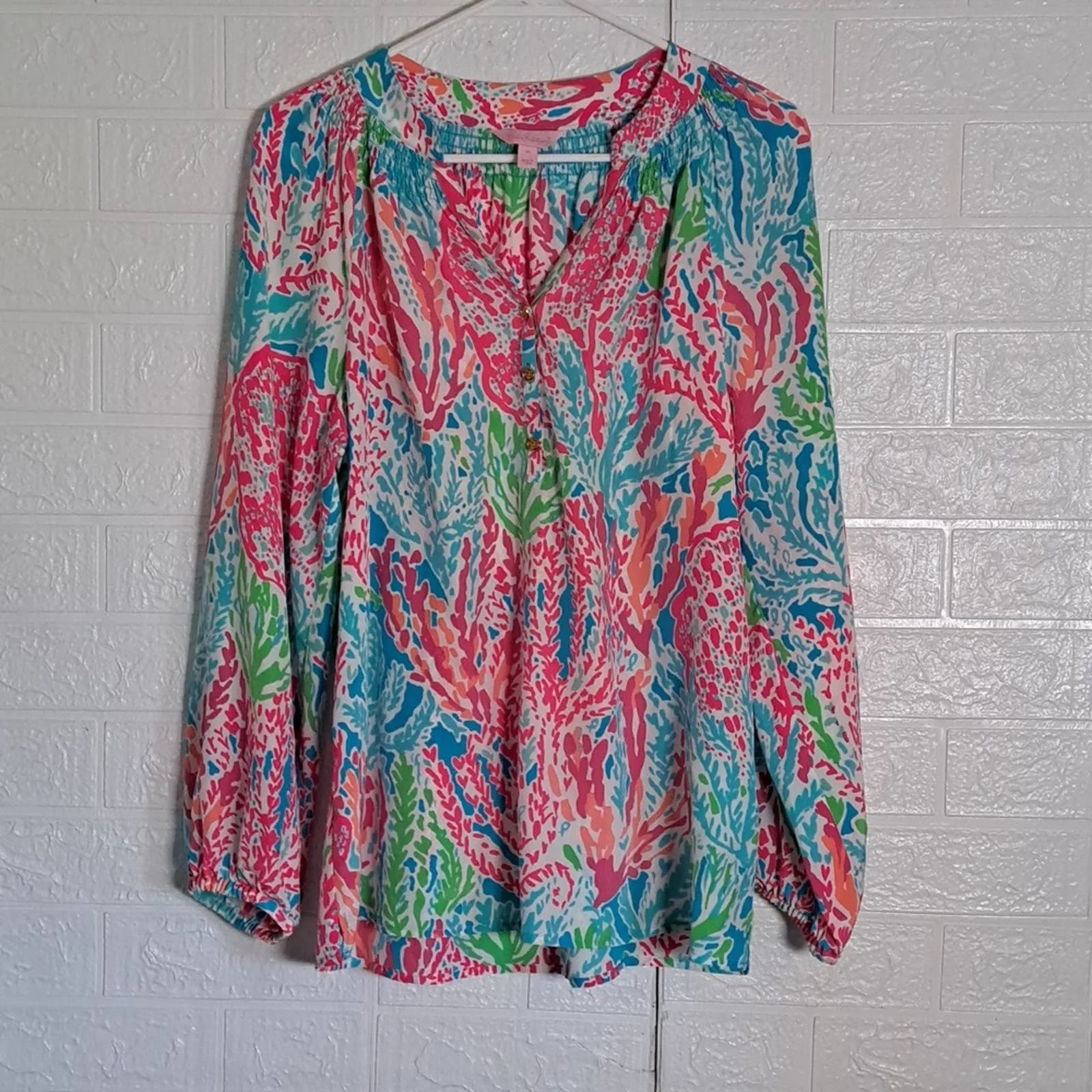 Lilly Pulitzer Elsa Agua Let's Cha Cha Holy Grail Silk Top